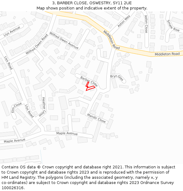 3, BARBER CLOSE, OSWESTRY, SY11 2UE: Location map and indicative extent of plot