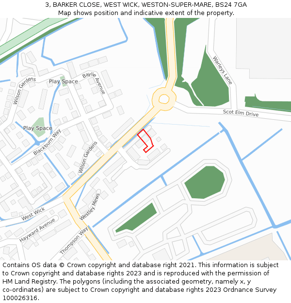 3, BARKER CLOSE, WEST WICK, WESTON-SUPER-MARE, BS24 7GA: Location map and indicative extent of plot