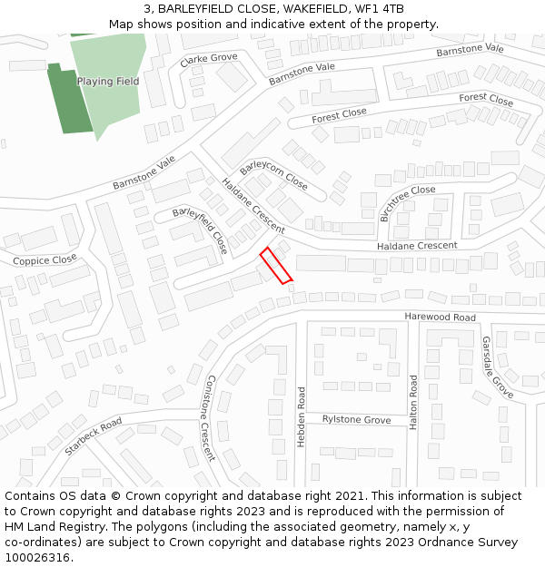 3, BARLEYFIELD CLOSE, WAKEFIELD, WF1 4TB: Location map and indicative extent of plot