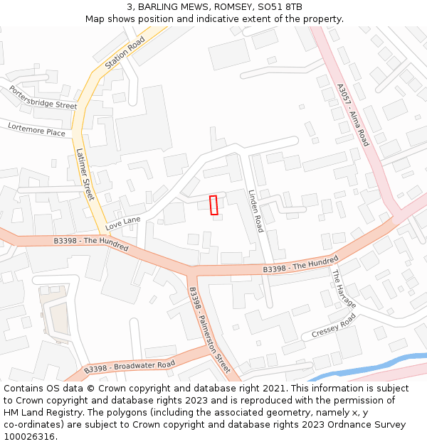 3, BARLING MEWS, ROMSEY, SO51 8TB: Location map and indicative extent of plot