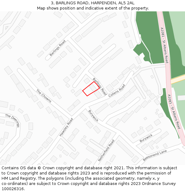 3, BARLINGS ROAD, HARPENDEN, AL5 2AL: Location map and indicative extent of plot