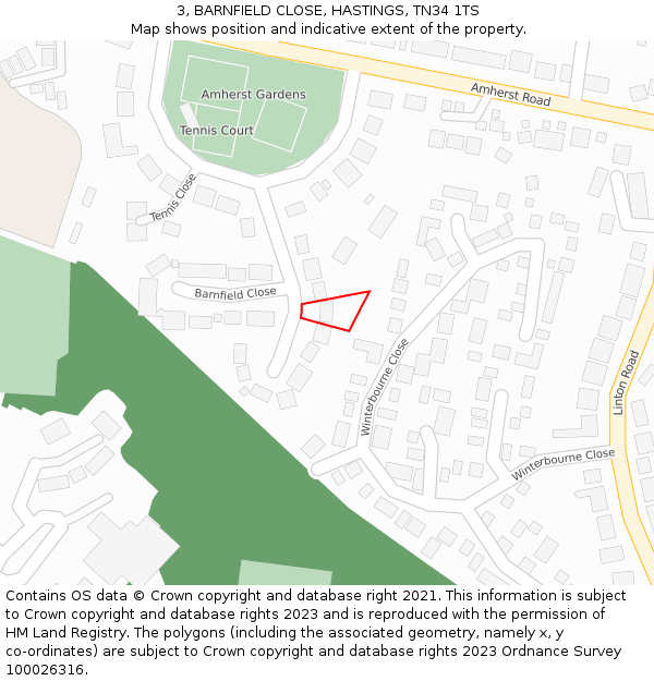 3, BARNFIELD CLOSE, HASTINGS, TN34 1TS: Location map and indicative extent of plot