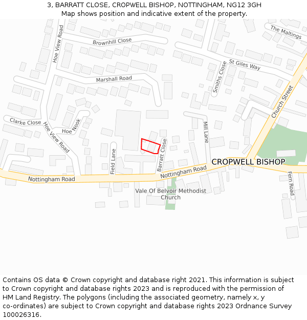 3, BARRATT CLOSE, CROPWELL BISHOP, NOTTINGHAM, NG12 3GH: Location map and indicative extent of plot