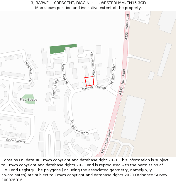 3, BARWELL CRESCENT, BIGGIN HILL, WESTERHAM, TN16 3GD: Location map and indicative extent of plot