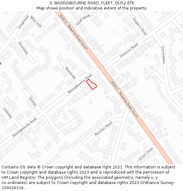 3, BASINGBOURNE ROAD, FLEET, GU52 6TE: Location map and indicative extent of plot