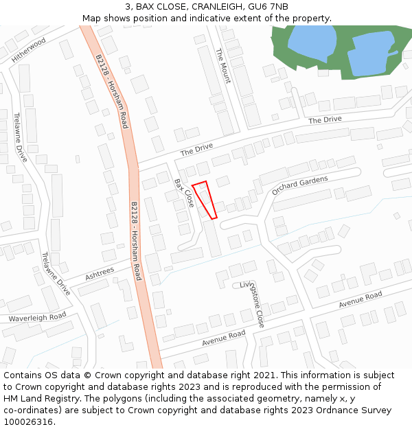 3, BAX CLOSE, CRANLEIGH, GU6 7NB: Location map and indicative extent of plot