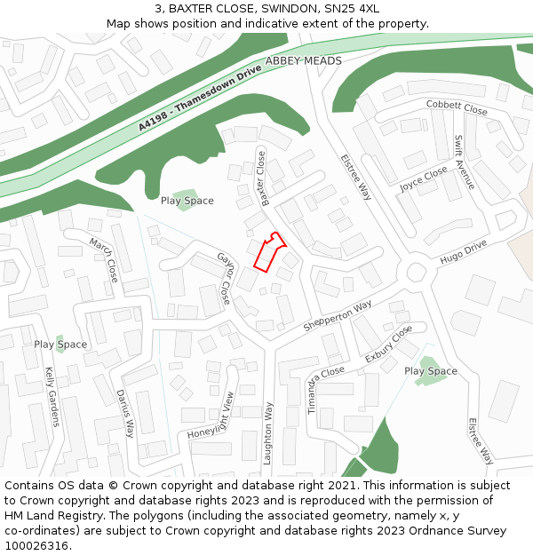 3, BAXTER CLOSE, SWINDON, SN25 4XL: Location map and indicative extent of plot