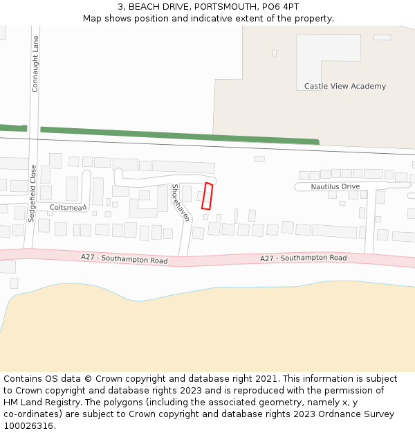 3, BEACH DRIVE, PORTSMOUTH, PO6 4PT: Location map and indicative extent of plot