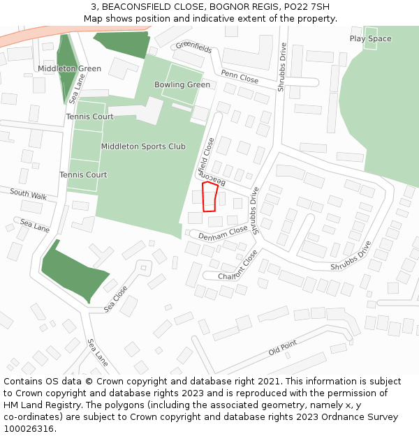 3, BEACONSFIELD CLOSE, BOGNOR REGIS, PO22 7SH: Location map and indicative extent of plot