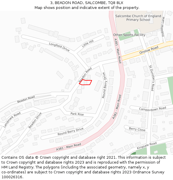 3, BEADON ROAD, SALCOMBE, TQ8 8LX: Location map and indicative extent of plot