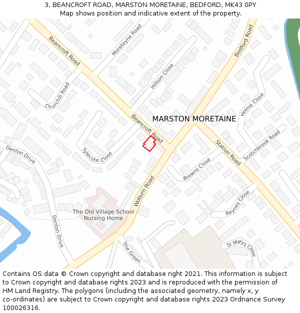 3, BEANCROFT ROAD, MARSTON MORETAINE, BEDFORD, MK43 0PY: Location map and indicative extent of plot