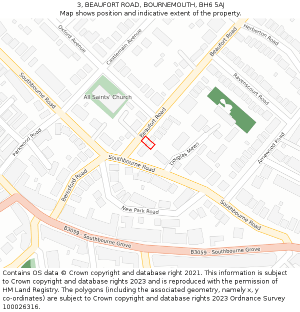 3, BEAUFORT ROAD, BOURNEMOUTH, BH6 5AJ: Location map and indicative extent of plot