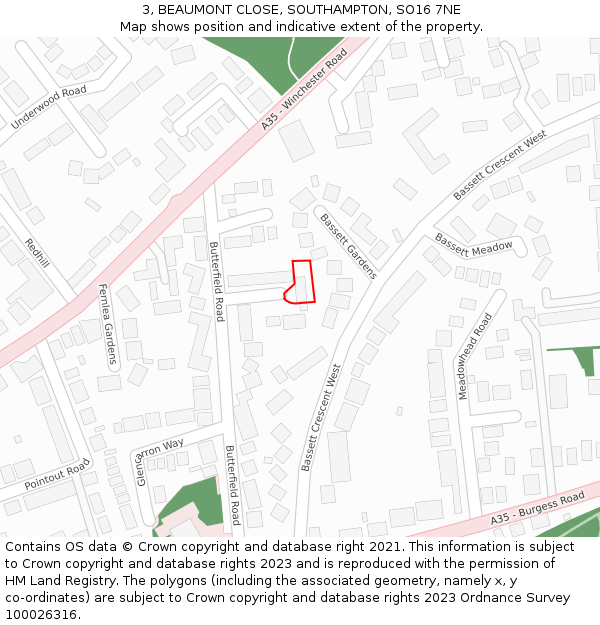 3, BEAUMONT CLOSE, SOUTHAMPTON, SO16 7NE: Location map and indicative extent of plot