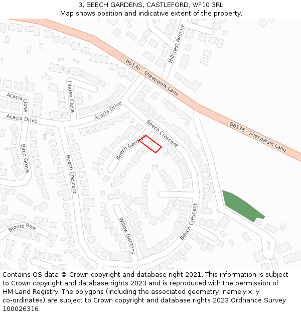 3, BEECH GARDENS, CASTLEFORD, WF10 3RL: Location map and indicative extent of plot