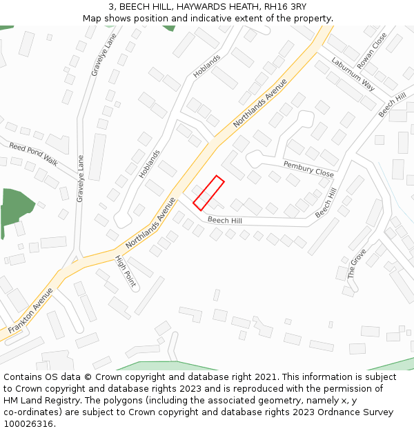 3, BEECH HILL, HAYWARDS HEATH, RH16 3RY: Location map and indicative extent of plot