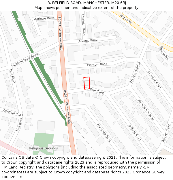 3, BELFIELD ROAD, MANCHESTER, M20 6BJ: Location map and indicative extent of plot