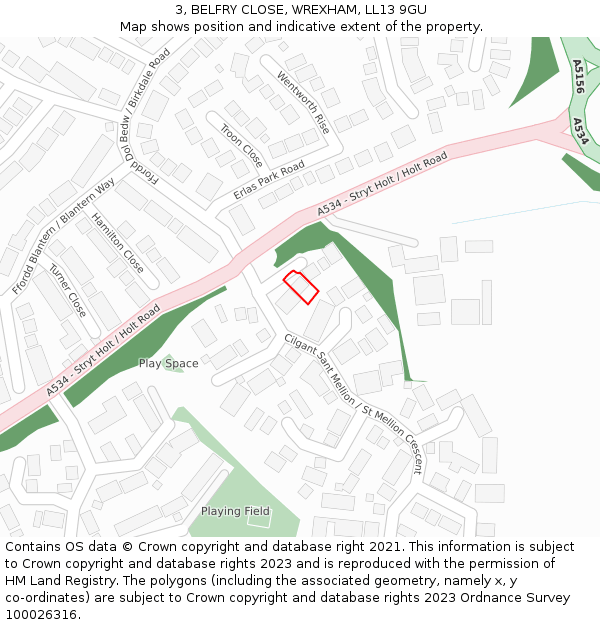 3, BELFRY CLOSE, WREXHAM, LL13 9GU: Location map and indicative extent of plot