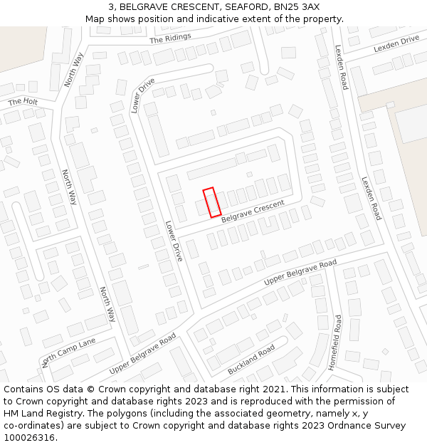 3, BELGRAVE CRESCENT, SEAFORD, BN25 3AX: Location map and indicative extent of plot