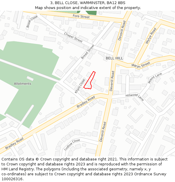 3, BELL CLOSE, WARMINSTER, BA12 8BS: Location map and indicative extent of plot