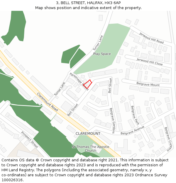 3, BELL STREET, HALIFAX, HX3 6AP: Location map and indicative extent of plot