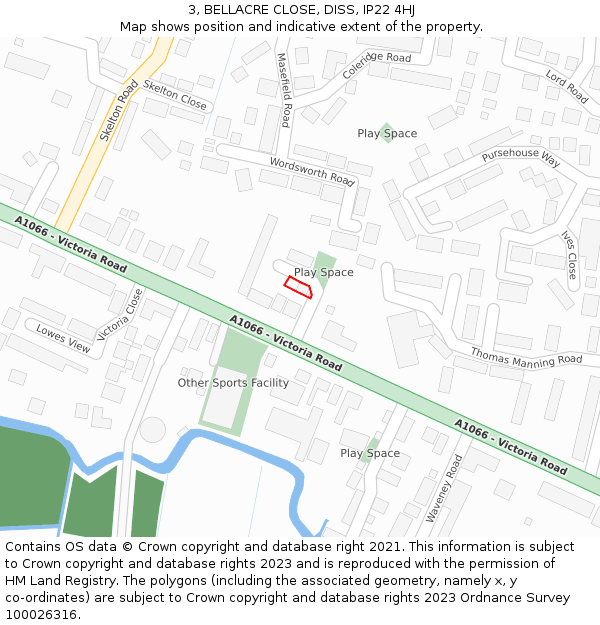 3, BELLACRE CLOSE, DISS, IP22 4HJ: Location map and indicative extent of plot