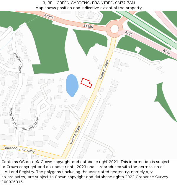 3, BELLGREEN GARDENS, BRAINTREE, CM77 7AN: Location map and indicative extent of plot
