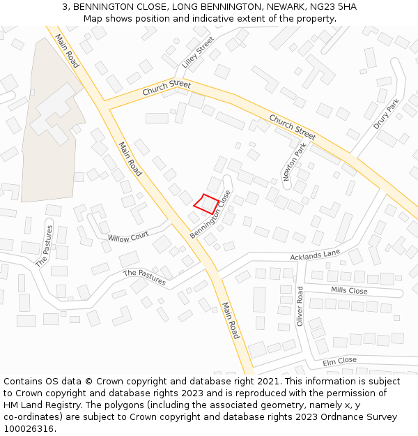 3, BENNINGTON CLOSE, LONG BENNINGTON, NEWARK, NG23 5HA: Location map and indicative extent of plot