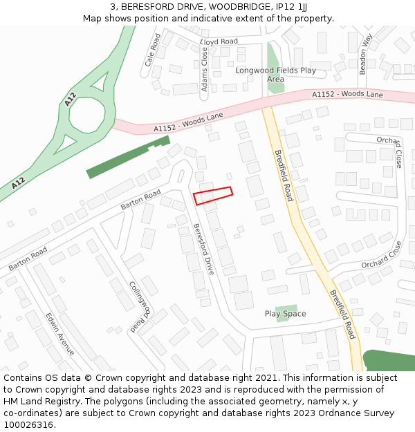 3, BERESFORD DRIVE, WOODBRIDGE, IP12 1JJ: Location map and indicative extent of plot