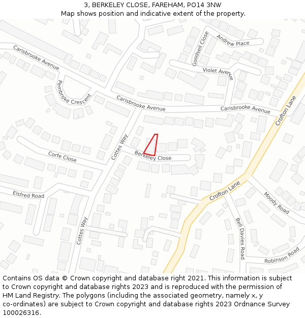 3, BERKELEY CLOSE, FAREHAM, PO14 3NW: Location map and indicative extent of plot