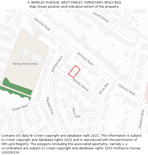 3, BERKLEY AVENUE, WEST PARLEY, FERNDOWN, BH22 8QQ: Location map and indicative extent of plot