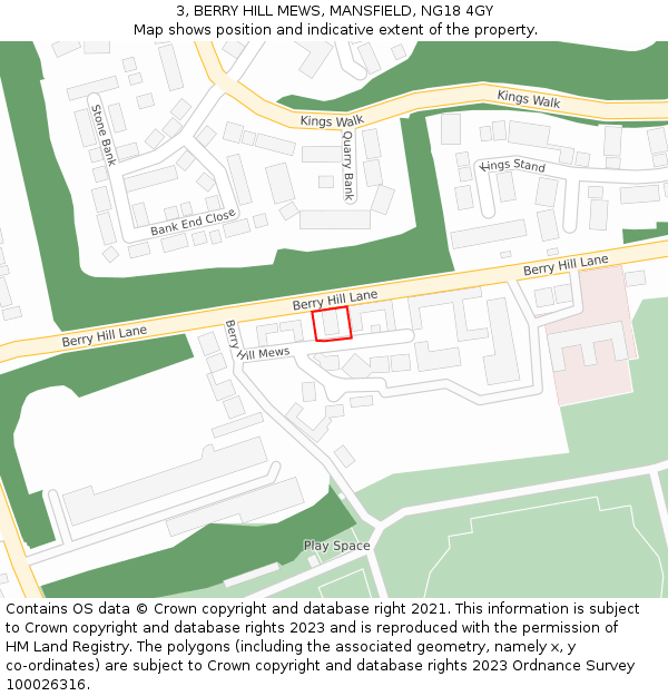 3, BERRY HILL MEWS, MANSFIELD, NG18 4GY: Location map and indicative extent of plot