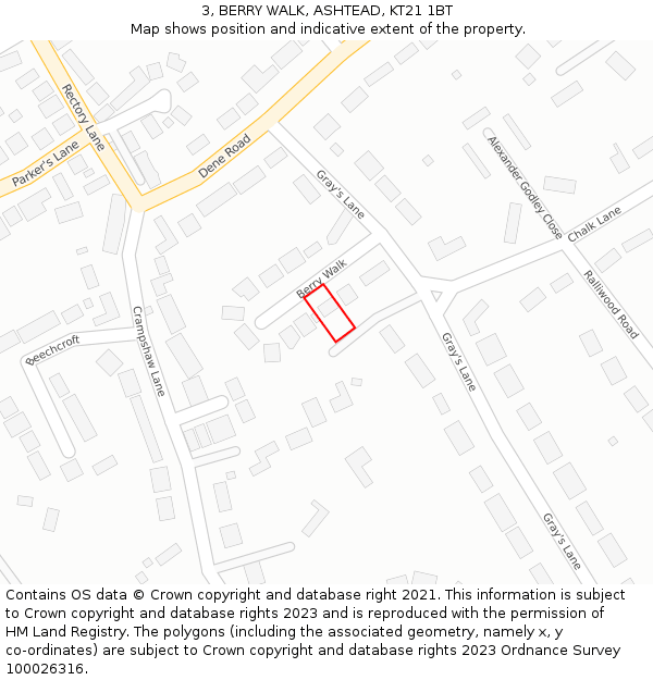 3, BERRY WALK, ASHTEAD, KT21 1BT: Location map and indicative extent of plot