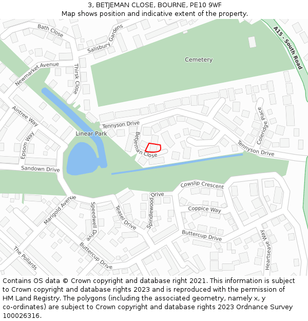 3, BETJEMAN CLOSE, BOURNE, PE10 9WF: Location map and indicative extent of plot