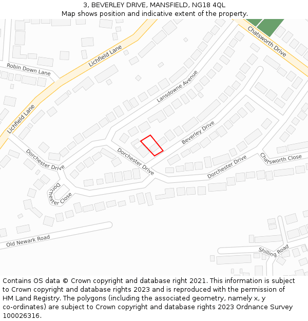 3, BEVERLEY DRIVE, MANSFIELD, NG18 4QL: Location map and indicative extent of plot