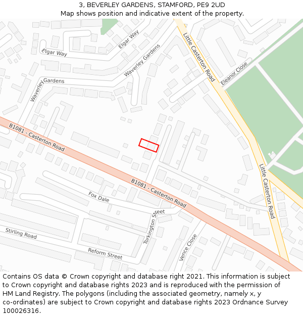 3, BEVERLEY GARDENS, STAMFORD, PE9 2UD: Location map and indicative extent of plot