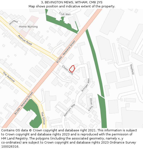 3, BEVINGTON MEWS, WITHAM, CM8 2YS: Location map and indicative extent of plot