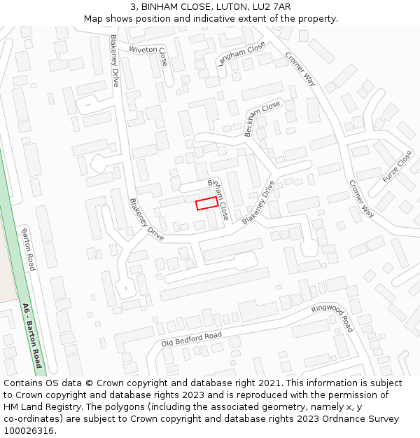 3, BINHAM CLOSE, LUTON, LU2 7AR: Location map and indicative extent of plot