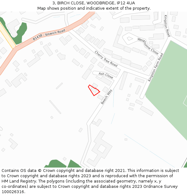 3, BIRCH CLOSE, WOODBRIDGE, IP12 4UA: Location map and indicative extent of plot