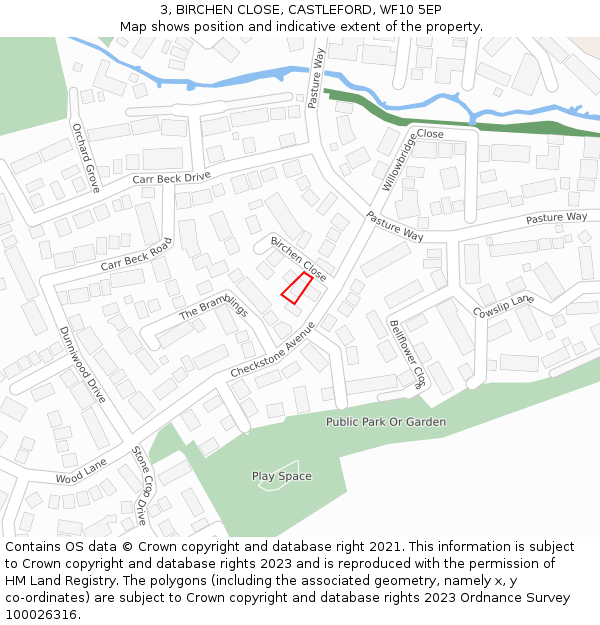 3, BIRCHEN CLOSE, CASTLEFORD, WF10 5EP: Location map and indicative extent of plot