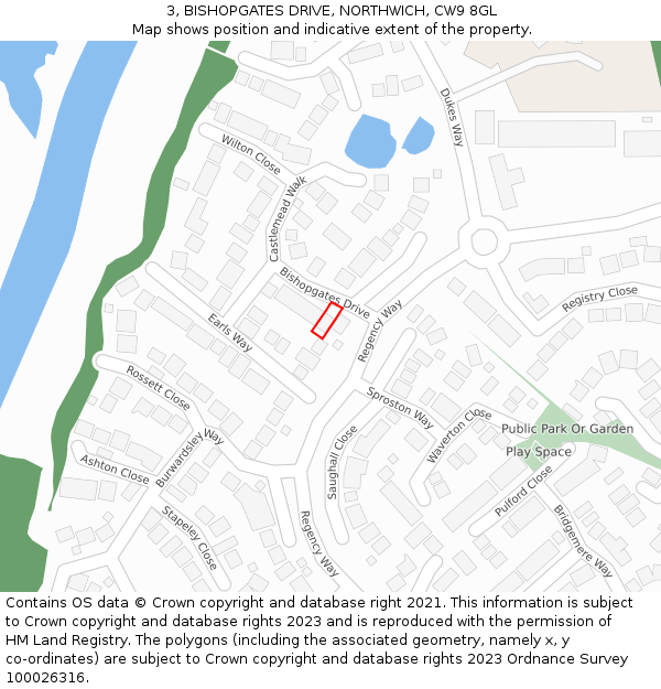 3, BISHOPGATES DRIVE, NORTHWICH, CW9 8GL: Location map and indicative extent of plot