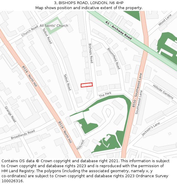 3, BISHOPS ROAD, LONDON, N6 4HP: Location map and indicative extent of plot