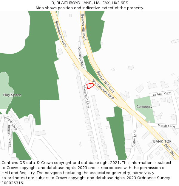 3, BLAITHROYD LANE, HALIFAX, HX3 9PS: Location map and indicative extent of plot