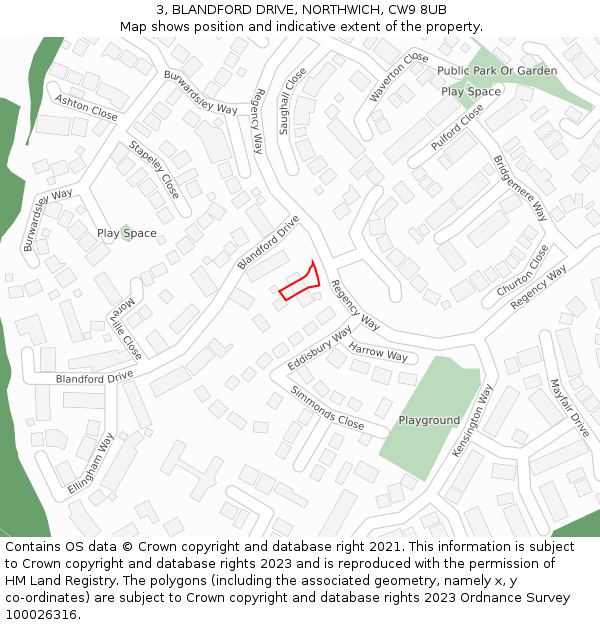 3, BLANDFORD DRIVE, NORTHWICH, CW9 8UB: Location map and indicative extent of plot