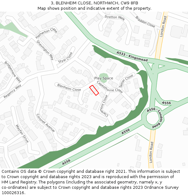 3, BLENHEIM CLOSE, NORTHWICH, CW9 8FB: Location map and indicative extent of plot