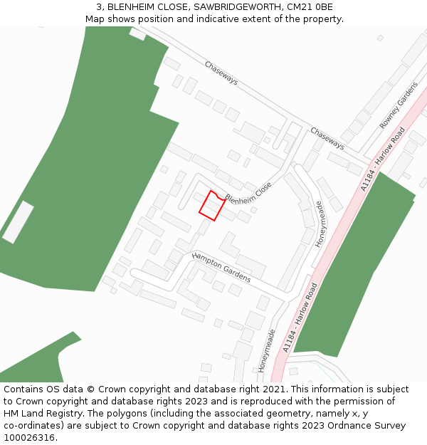 3, BLENHEIM CLOSE, SAWBRIDGEWORTH, CM21 0BE: Location map and indicative extent of plot