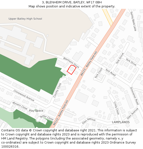 3, BLENHEIM DRIVE, BATLEY, WF17 0BH: Location map and indicative extent of plot