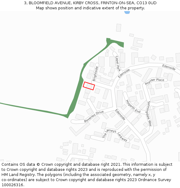 3, BLOOMFIELD AVENUE, KIRBY CROSS, FRINTON-ON-SEA, CO13 0UD: Location map and indicative extent of plot