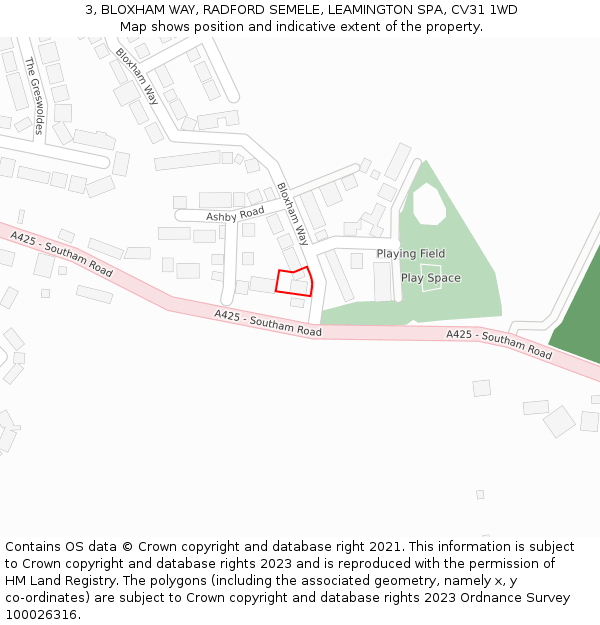 3, BLOXHAM WAY, RADFORD SEMELE, LEAMINGTON SPA, CV31 1WD: Location map and indicative extent of plot