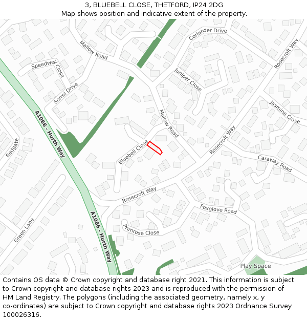 3, BLUEBELL CLOSE, THETFORD, IP24 2DG: Location map and indicative extent of plot