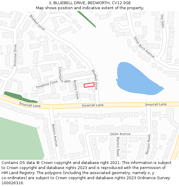 3, BLUEBELL DRIVE, BEDWORTH, CV12 0GE: Location map and indicative extent of plot